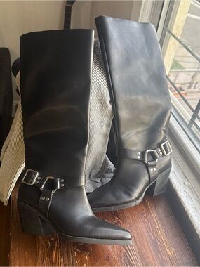 INC International Concepts Black Leather Mid-Calf Harness Boots